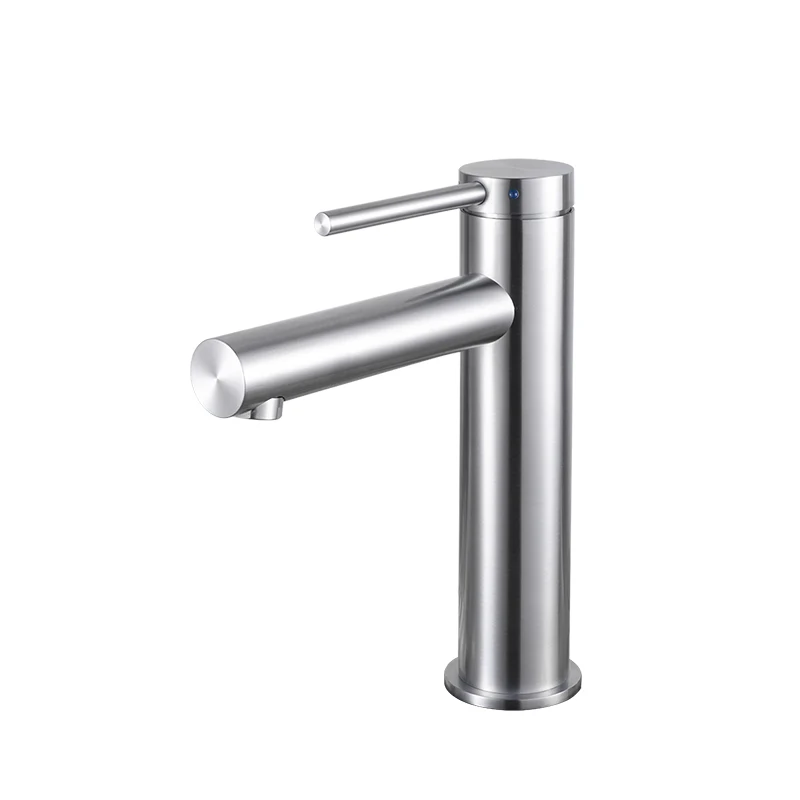 Silver-tone basin faucet on a white background.