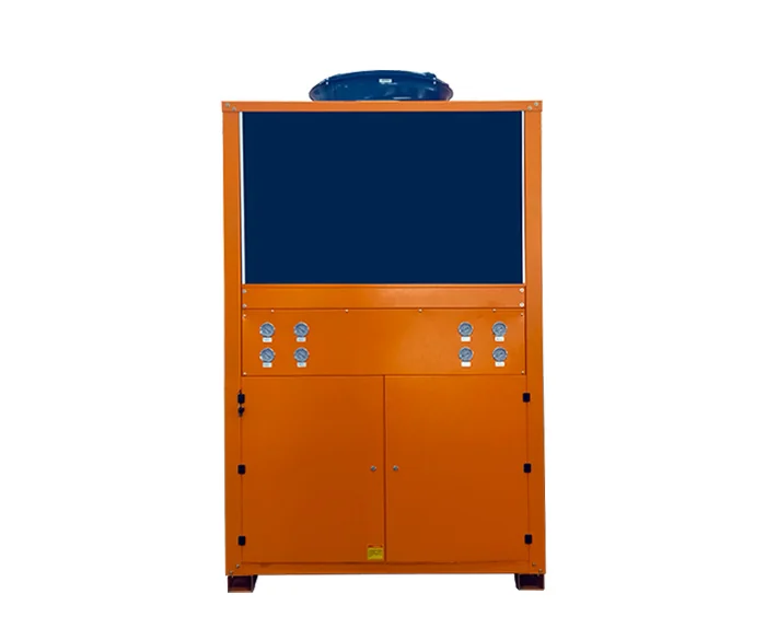 Front view of an orange heat-pump unit with gauges and a top-mounted fan.