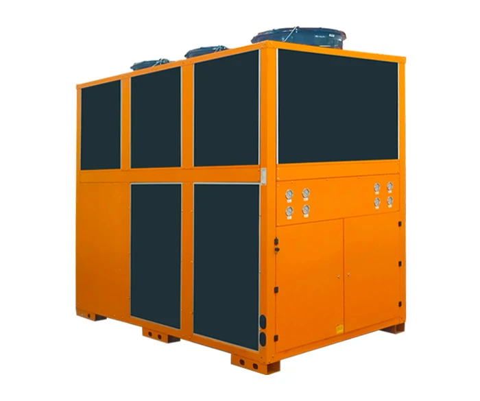 Orange industrial heat-pump unit with dark ventilation panels.