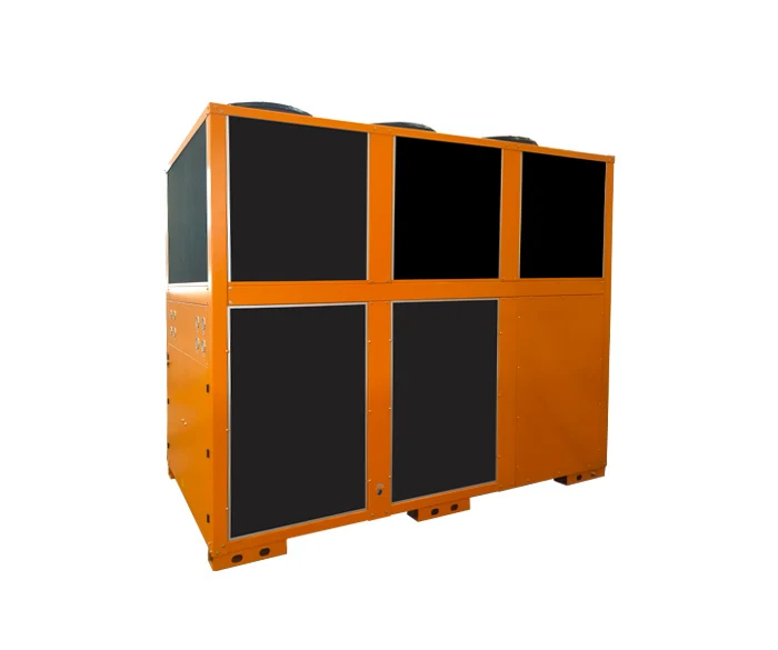 Side view of an orange industrial heat-pump unit.