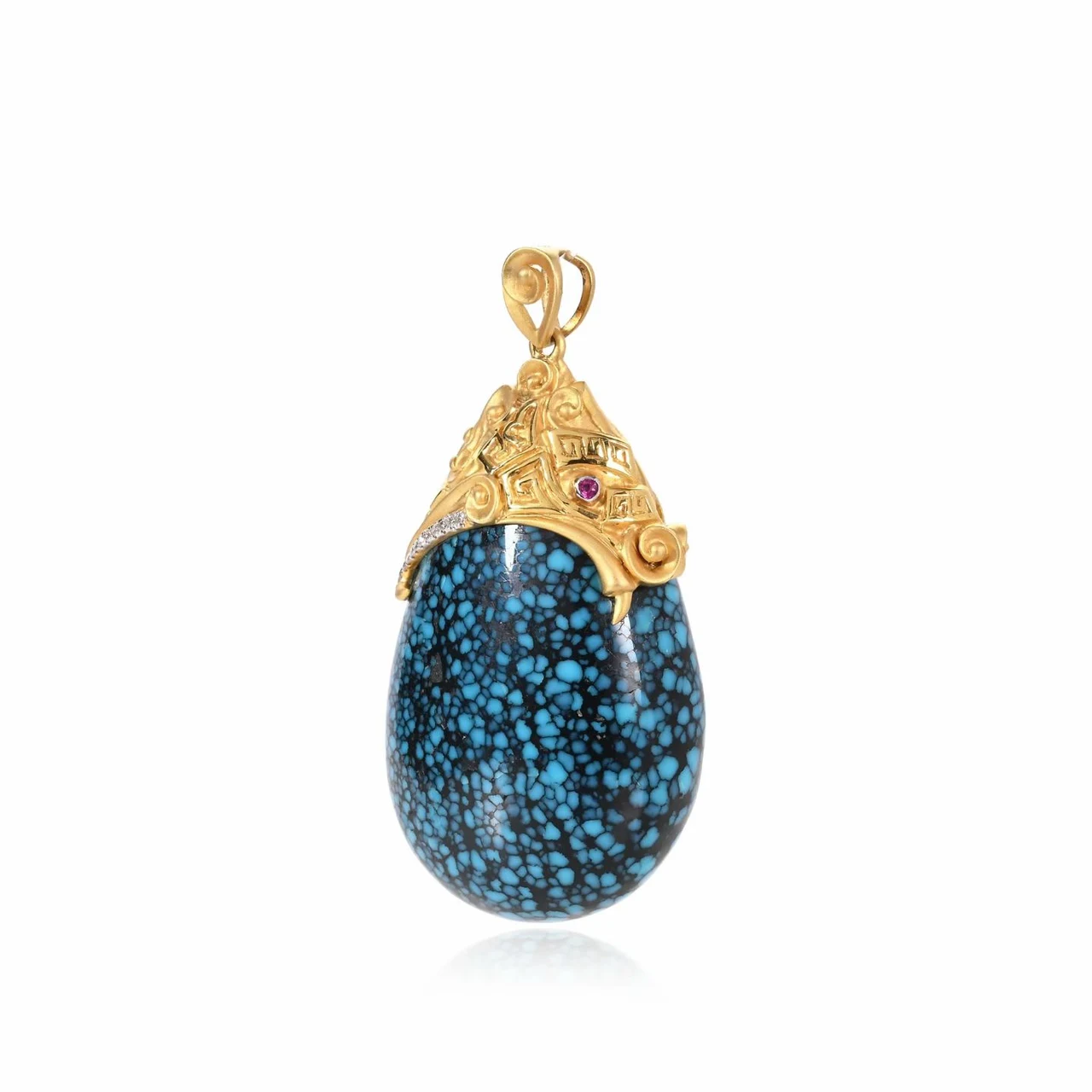 Blue patterned pendant with an ornate gold-tone mount.