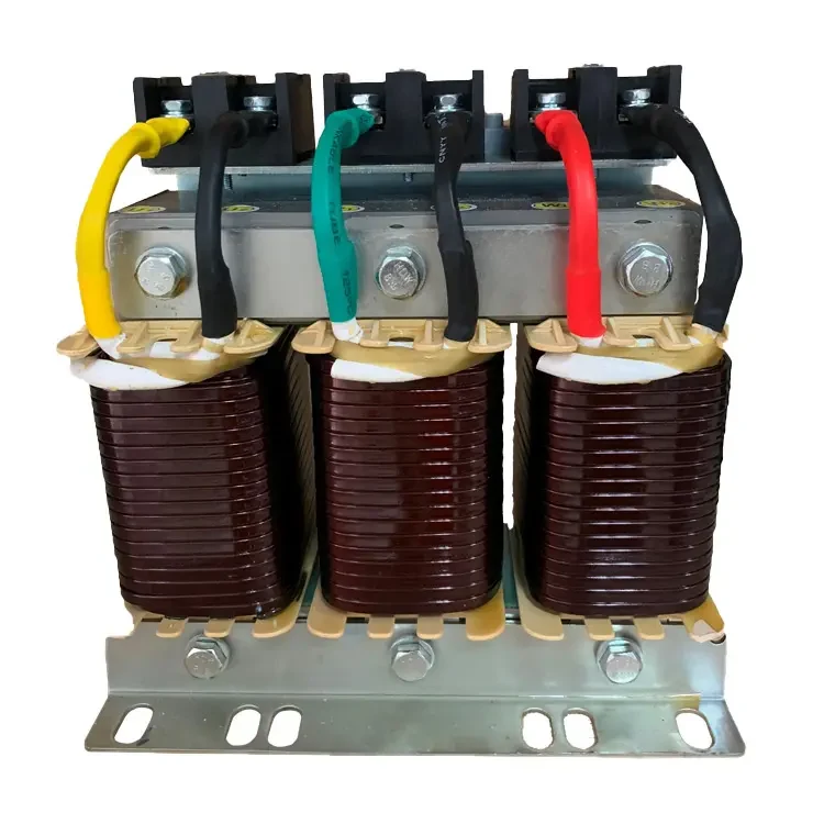 Three-coil reactor with exposed terminals and coloured wiring.