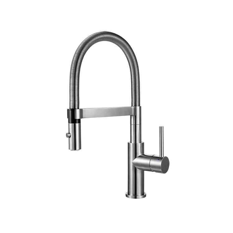 Stainless-tone kitchen faucet on a white background.
